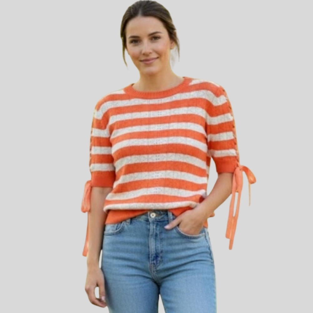 Endless Rose Short Sleeve Sweater Pointelle Stripe Ribbon Tie | Size Small